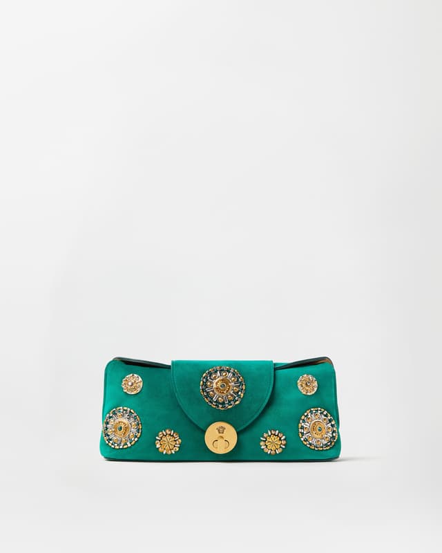 Versace vivian embroidered suede clutch